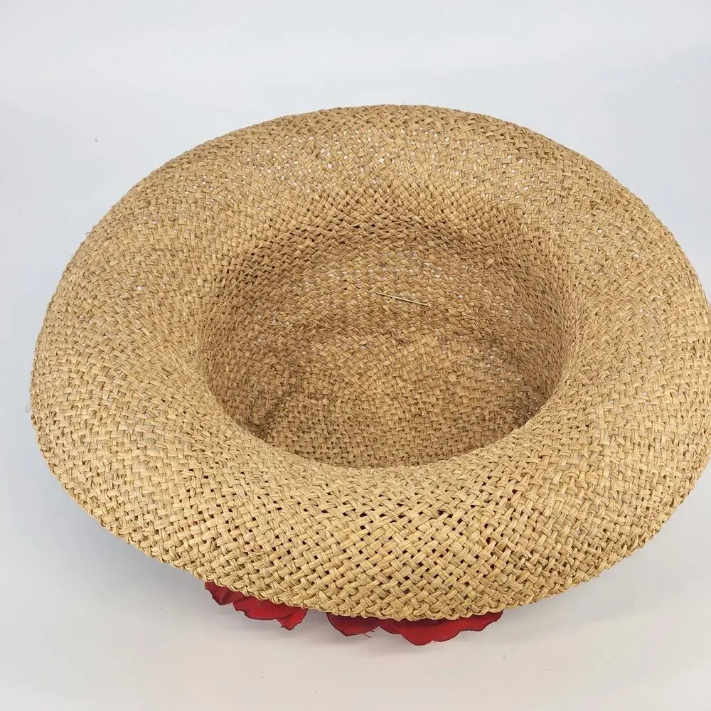 Eric Javits Luxury Squishee Sun Hat Beige Packable Woven Rose Brim Hatpin Vtg - Picture 8 of 14